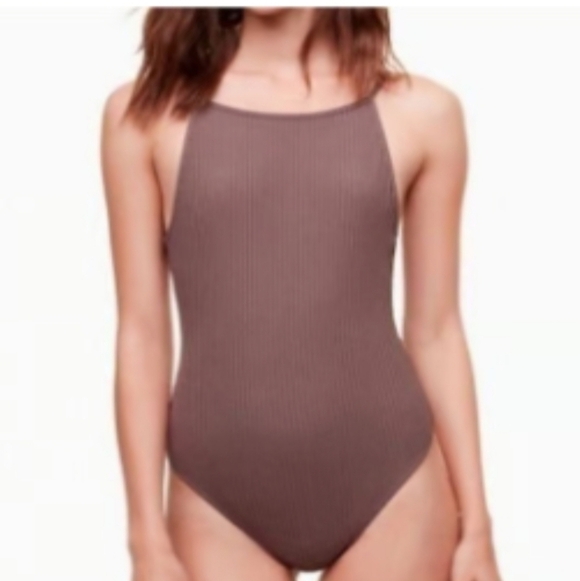 Aritzia Wilfred Annecy Ribbed Thong Spaghetti Strap Bodysuit lavender SZ S - Picture 2 of 9